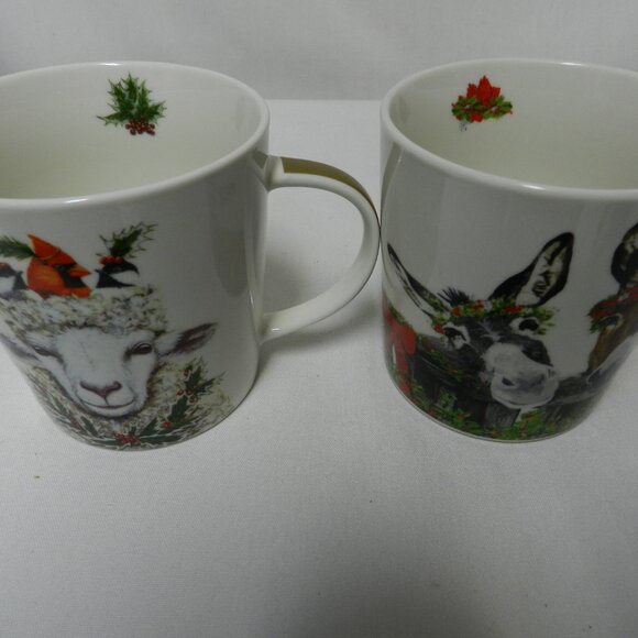 Two Can Art PPD Christmas Donkey Sheep Mug Cup Bone China micro dish 14 oz Set 2 - Picture 3 of 11